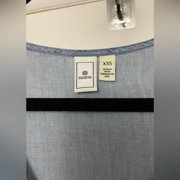 NWT Susina Romper Chambray Geo Tie Sleeve Button Up Size XXS (fits like a S) - Picture 8 of 9